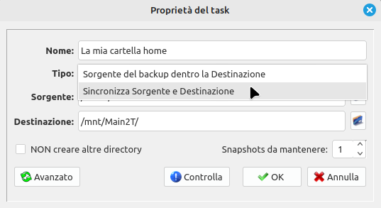 Proprietà di un task in Lucky Backup