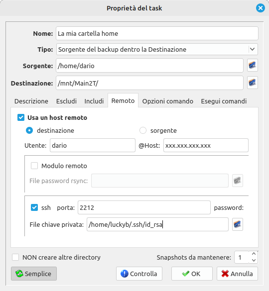 Impostazioni backup remoto con Lucky Backup