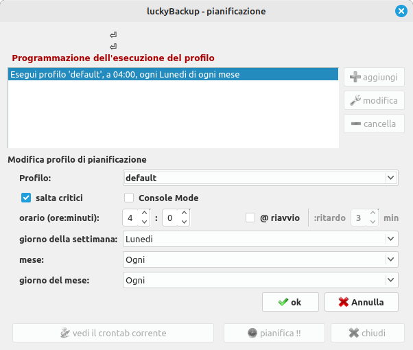 Pianificazione del backup con Lucky Backup