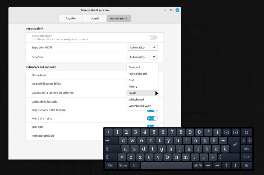 Impostazioni tastiera su schermo all'accesso in Linux Mint 21.2