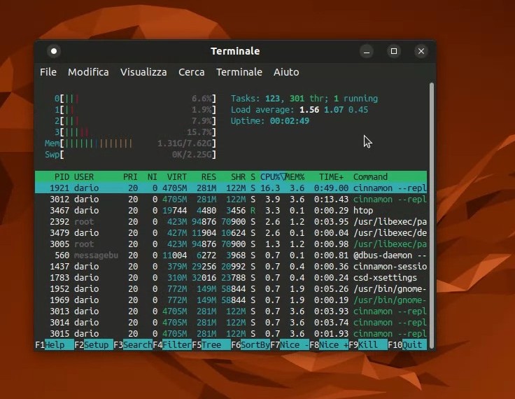 Impegno di RAM con htop in Ubuntu Cinnamon 22.04