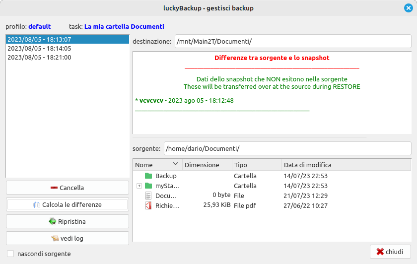 Calcolo differenze e ripristino snapshot in Lucky Backup