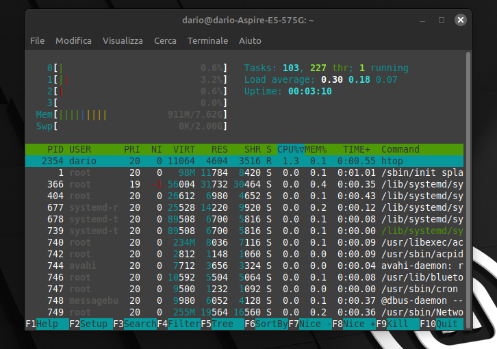 Impegno di RAM con htop in Linux Mint 21.2 Cinnamon