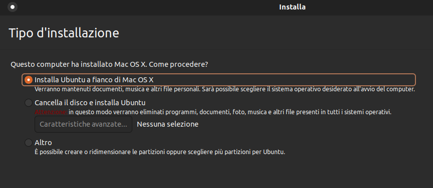 Ubuntu Cinnamon rileva la precedente installazione come Mac OS X