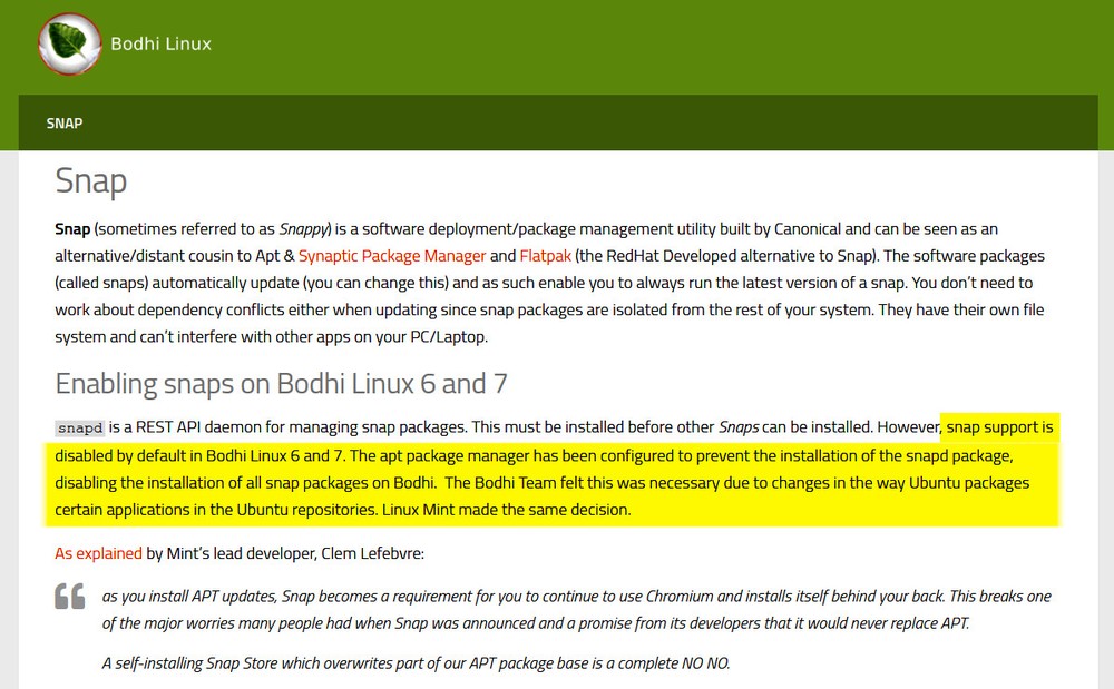 Bodhi Linux blocca Snap come Linux Mint