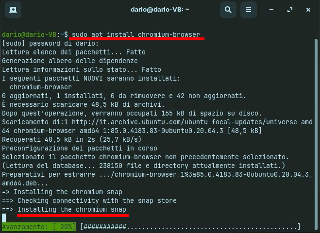 L'installazione di Chromium deb installa lo snap
