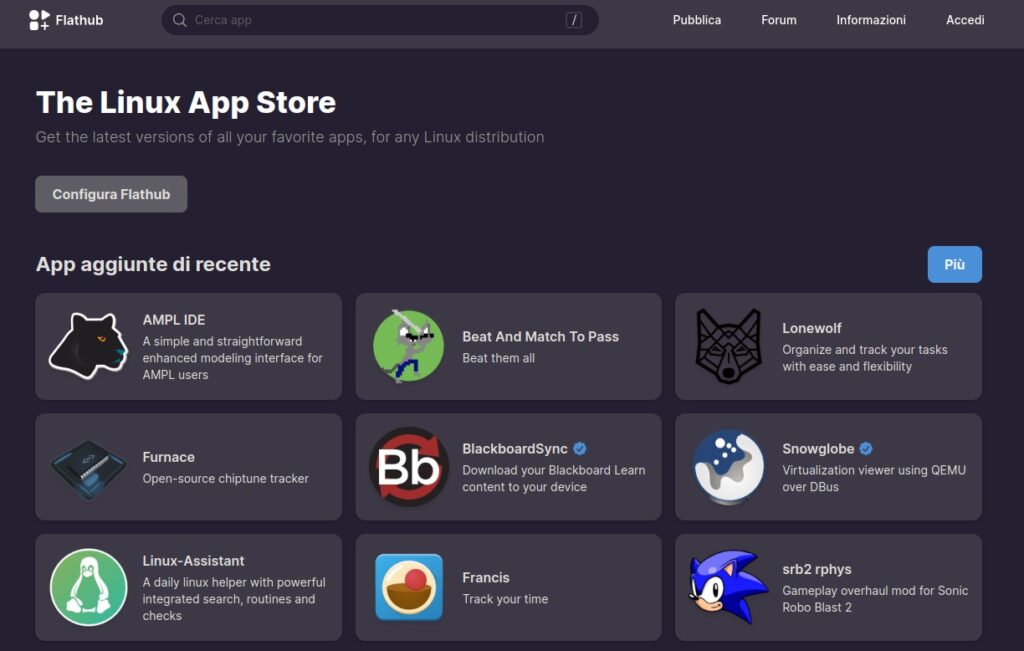 La homepage di Flathub