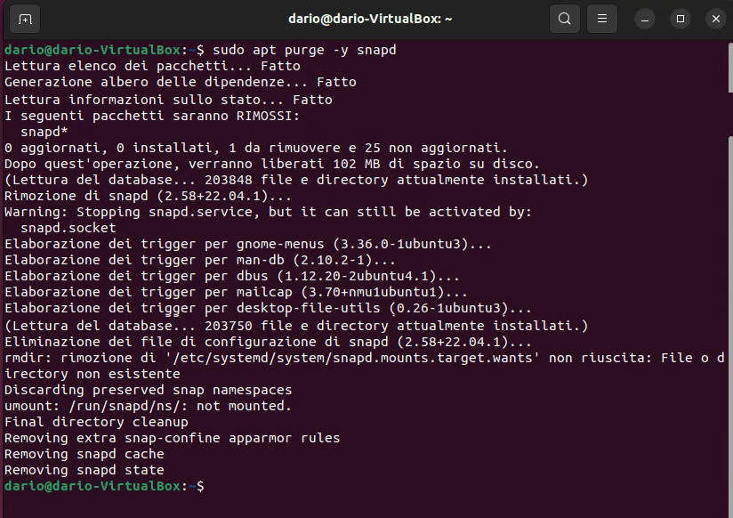 Rimuovere e bloccare snap con apt purge