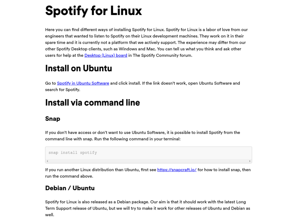 Pagina per il download di Spotify per Linux