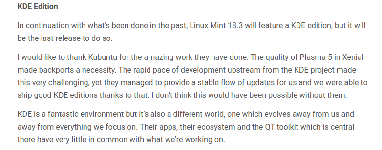 Il responsabile di Linux Mint a proposito di KDE
