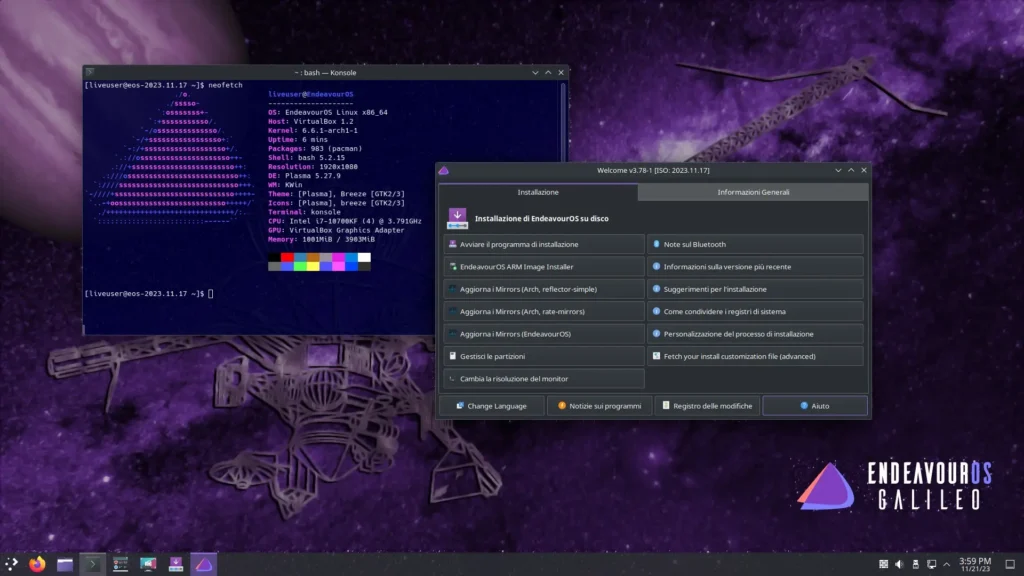 Il desktop KDE di Endeavour OS Galileo