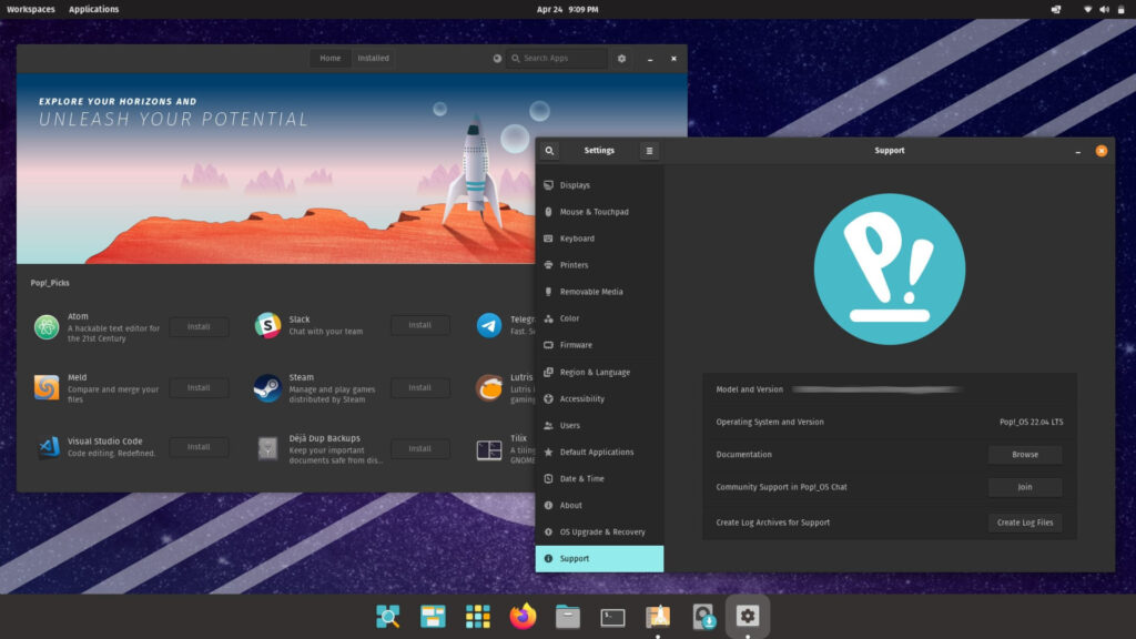 Il desktop di Pop_OS! 22.04