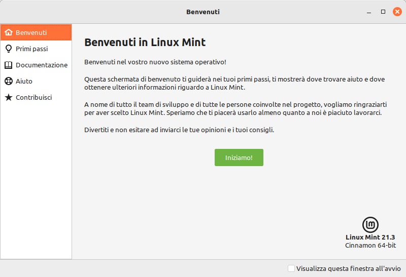 Schermata di benvenuto in Linux Mint 21.3: un ottimo primo sistema operativo Linux per principianti