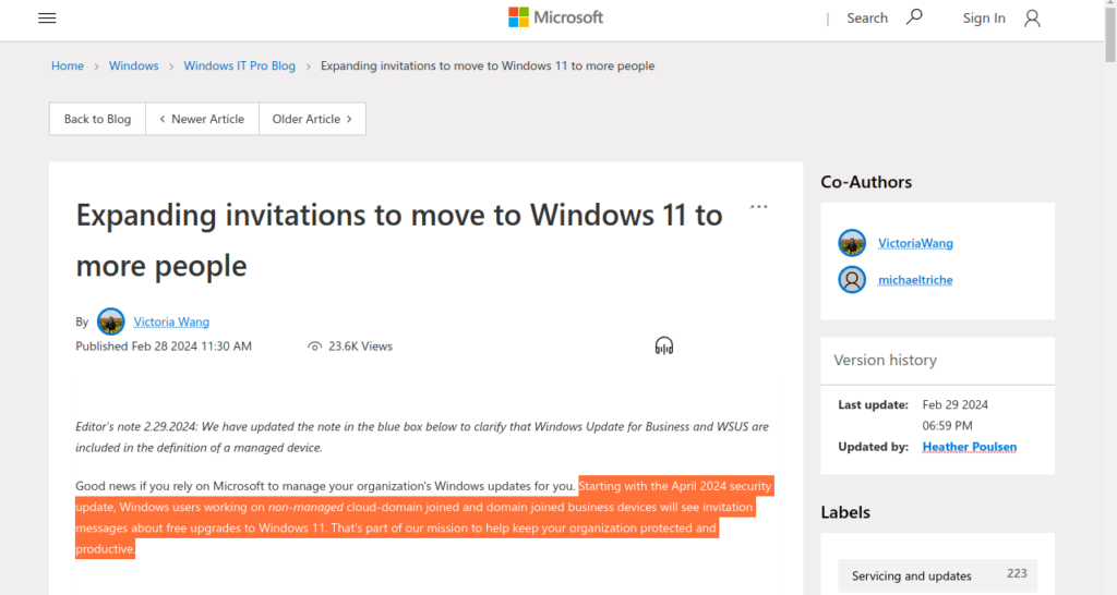 L'invito di Microsoft ad aggiornare a Windows 11