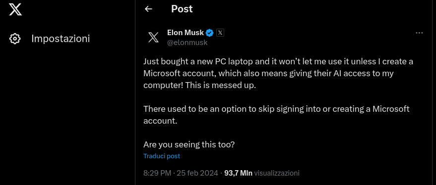L'indispettito Tweet di Elon Musk su Windows 11