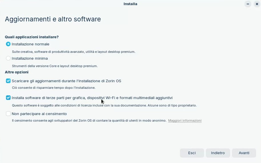 L'installazione di Zorin rende disponibile software non libero