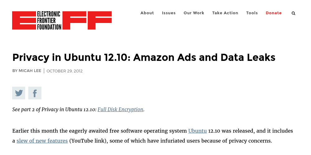 Le implicazioni sulla privacy di Ubuntu nell'articolo della EFF