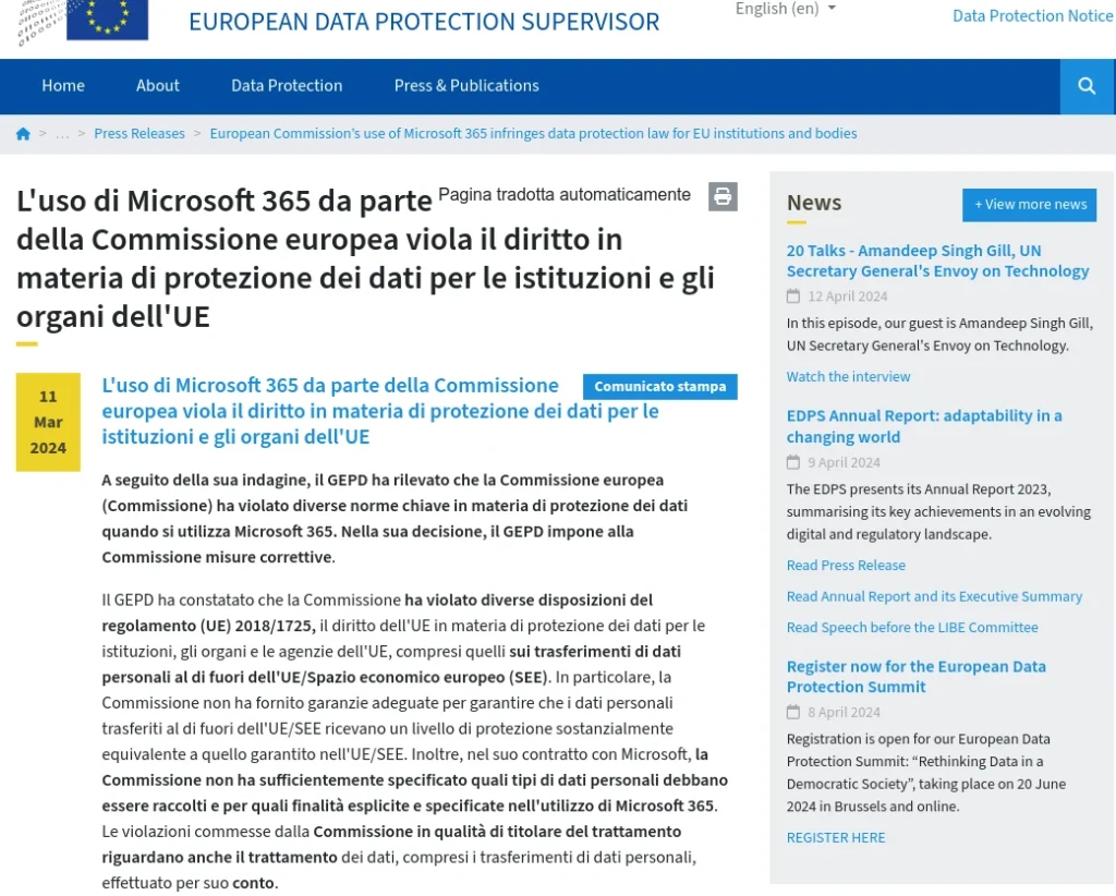 uso di Microsoft 365 della commissione europea
