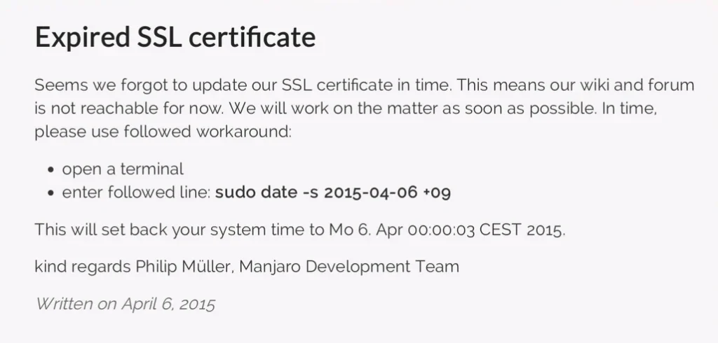 Soluzione di Manjaro per la scadenza del certificato SSL